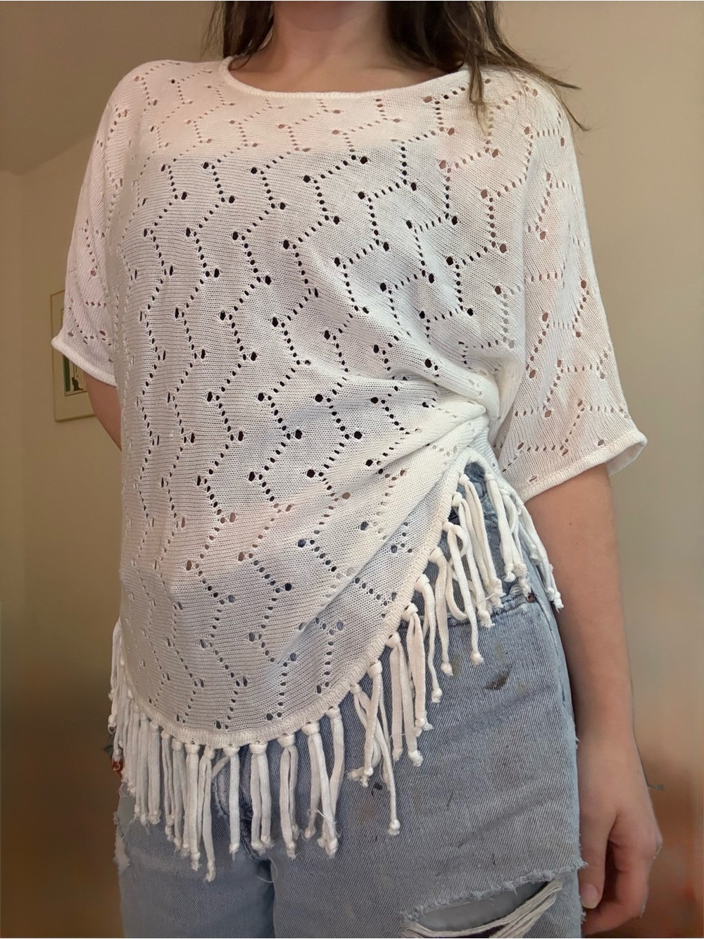 Y2K White Knit Fringe Short Sleeve Tunic/Poncho with Fringe Hem